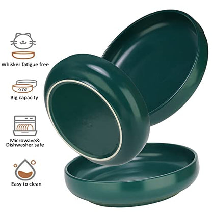Ceramic Cat Bowls,Shallow Cat Dishes for Food and Water, 6 inch Matte Finish Wide Cat Food Bowl,Whisker Fatigue Free Pet Puppy Kitten Bowl Set of 3,Dishwasher Safe - color: Blackish green-3pack