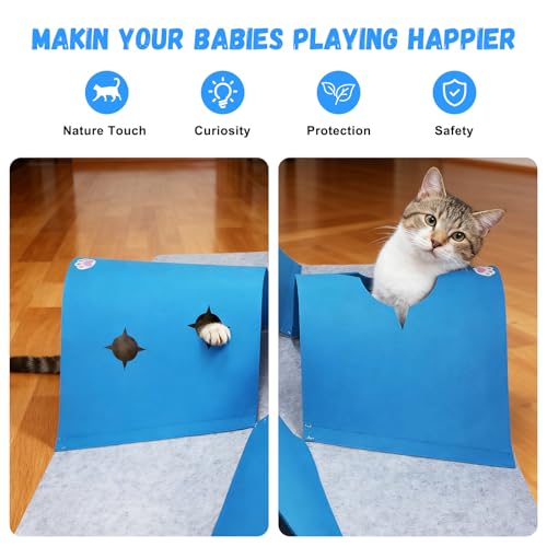 35.4" Large Interactive Felt Cat Activity Play Mat – Ripple Style Hide & Seek Tunnel with Hanging Ball, Foldable Snuffle Mat for Indoor Cats, Kittens, Rabbits, Small Pets, Blue - color: Grey-Blue