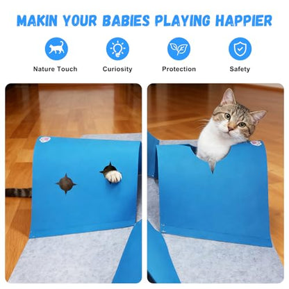 35.4" Large Interactive Felt Cat Activity Play Mat – Ripple Style Hide & Seek Tunnel with Hanging Ball, Foldable Snuffle Mat for Indoor Cats, Kittens, Rabbits, Small Pets, Blue - color: Grey-Blue