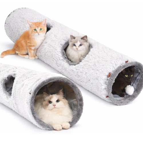 Cat Tunnels for Indoor Cats – Cat Crinkle Tunnel – Collapsible Long Plush– Cat Tube Cute Cozy Pet Play for Hours of Fun (47" / Pearl Gray)