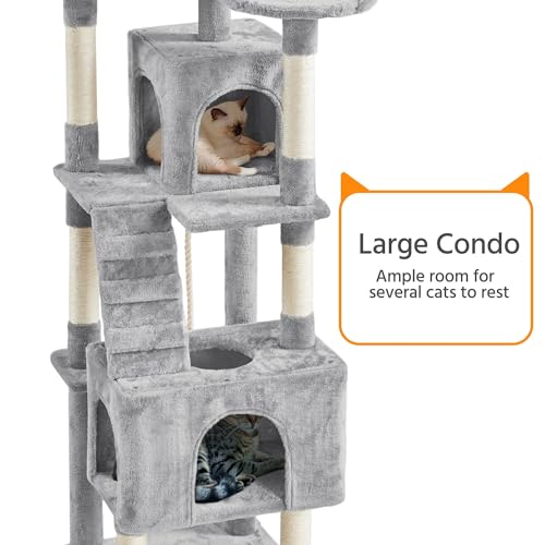 Yaheetech XL Cat Tree, 72in Multi-Level Cat Tower with 2 Cozy Caves, 3 Soft Perches, Scratching Posts, Board, and Dangling Ball, Pet Furniture Play House for Kittens/Cats, Light Gray - color: Light Gray
