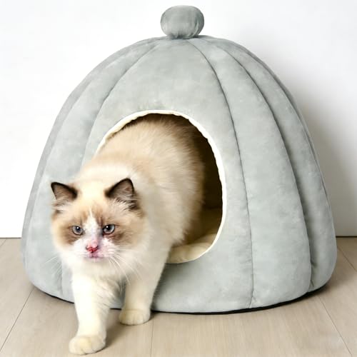 Cat Bed for Indoor Cats - Adorable Cozy Pumpkin Cat Cave with Removable Cushion, Super Soft Pet House Tent for Kittens & Small Pets, Warm & Washable Non-Slip Design(S 15 inch, Light Gray) - style: Grey