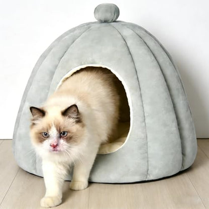 Cat Bed for Indoor Cats - Adorable Cozy Pumpkin Cat Cave with Removable Cushion, Super Soft Pet House Tent for Kittens & Small Pets, Warm & Washable Non-Slip Design(S 15 inch, Light Gray) - style: Grey