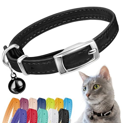 CollarDirect Leather Cat Collar with Removable Bell – Safety Elastic Strap (Breakaway Alternative) – Kitten Collar for Small & Big Boy & Girl Cats - color: Black, size: 6-7 Inch