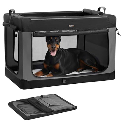 Feandrea Collapsible Dog Crate, 48-Inch Portable Dog Travel Crate for Extra Large Dogs, Oxford Fabric Pet Carrier with 4 Mesh Doors, Handles, Storage Pocket, Water Bottle Holder, Ink Black UPDC022BH01 - size: XXXL (48"L x 29"W x 31"H)