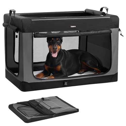 Feandrea Collapsible Dog Crate, 48-Inch Portable Dog Travel Crate for Extra Large Dogs, Oxford Fabric Pet Carrier with 4 Mesh Doors, Handles, Storage Pocket, Water Bottle Holder, Ink Black UPDC022BH01 - size: XXXL (48"L x 29"W x 31"H)