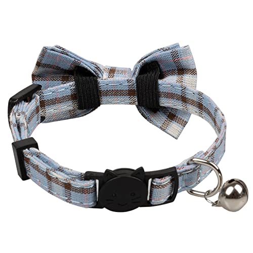 Cat Collar Breakaway Bowtie Safety with Bell Adjustbale Kitten Puppy Solid Plaid Color Set D-[2pcs] Grey - color: D-[2pcs] Grey