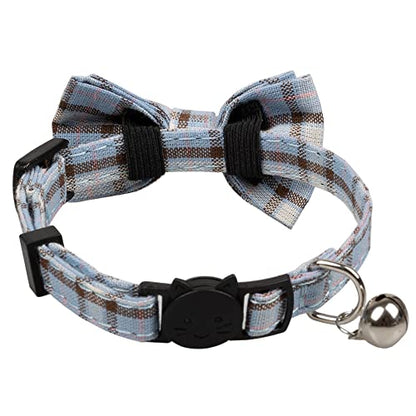 Cat Collar Breakaway Bowtie Safety with Bell Adjustbale Kitten Puppy Solid Plaid Color Set D-[2pcs] Grey - color: D-[2pcs] Grey