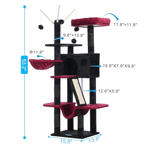 Hey-brother Gothic Cat Tree, 53 inch Cat Tower for Indoor Cats, Cat House with Padded Platform Bed, Toy Balls, Large Cozy Condo, Hammocks and Sisal Scratching Posts, Black and Red MPJ019SBR - color: Black and Red