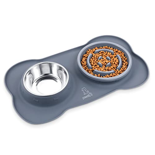 Pecute Slow Feeder Dog Bowls to Slow Down Eating, Dog Bowl Slow Feeder with No-Spill Non-Skid Silicone Mat, Food-Grade Safe Dog Food Bowls Slow Feeder, Stainless Steel Dog Water Bowl for Dogs Cats - size: Medium-1¾ Cup/13.5 oz each