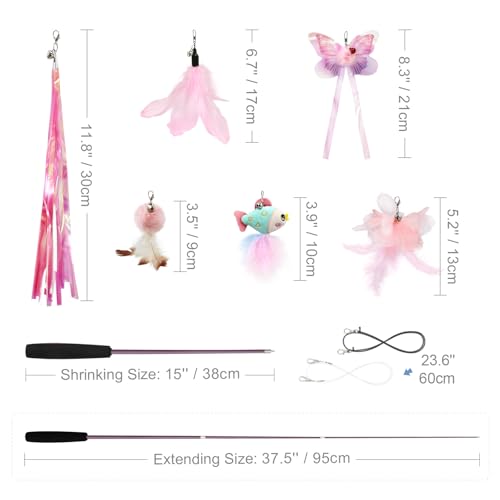 Cat Wand Toys for Indoor Cats - Cat Toy Set with Retractable Teaser Wand and 6 PCS Fairy Feather Toy Refills, Butterfly Tassel Plush Cat Toys Interactive, Pink - color: Pink