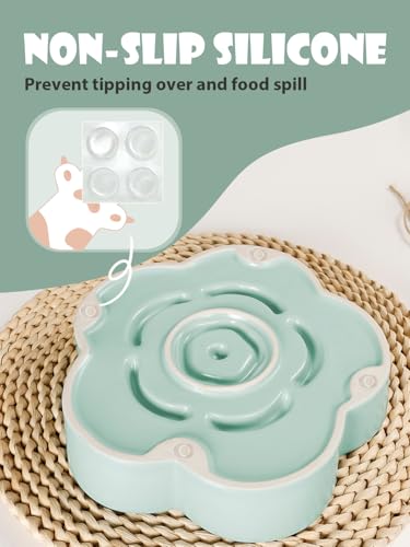 Ceramic Slow Feeder Dog/Cat Bowl, Anti-Choking Food Bowl, 8" 11.3oz for Medium, Large Breeds, Plum Puzzle Design, Non-Slip Silicone, Dishwasher and Microwave Safe, Green - color: Green