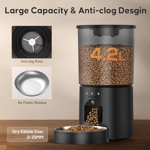Miaosical Automatic Cat Feeder with Camera,WiFi Cat Food Dispenser with App Control,1080P HD Video,Two-Way Audio, Transparent 4.2L Food Container (Black) - color: Black