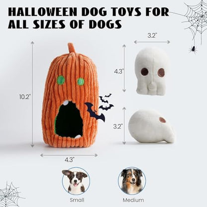 Nocciola Halloween Dog Toys 4 PCS, Pumpkin + 3 Skull Squeaky Dog Toy for Small Puppy Dog to Keep Them Busy, Durable Plush Hide and Seek Dog Toys for Small Medium Dogs - style: Pumpkin & Skulls