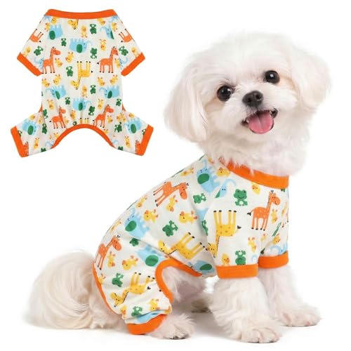 Dog Pajamas for Small Dogs - Soft Cotton 4-Leg Puppy PJs, Stretchable Breathable Pet Onesie Jumpsuit Sleepwear for Yorkie, Chihuahua, Toy Poodle & Tiny Breeds (Orange Animals,S) - color: Orange Animals, size: Small (Chest 13in)