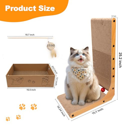 Goosheep L-Shaped Cat Scratcher 2-in1 Scratching Board for Indoor Cats Protecting Furniture Cardboard Box Scratch Pad with Ball Toy Cats Scratching Posts with Cat Teaser - color: 1pk 25.2in L-Shape Cat Scratcher with Box