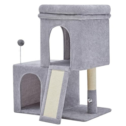 Woochpet 32inch Tall Cat Tree with 2 cat condo for Adult Cats Cozy Cat Tower with Scratching Post and Scrather Board for Cats of Different Ages.（Light Grey） - size: 26*16*32