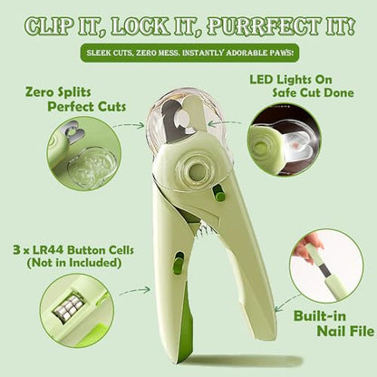 Self Cleaning Cat Brush for Shedding, LED Light Nail Clipper, Nail Clipper and Nail File, Slicker Brushes and Nail Trimmer for Long Haired Cats, Grooming Kit, Cat Lover Gifts - color: Green