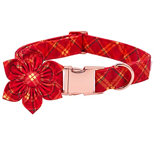 Dog Collar with Flower - Christmas Red Plaid Flower Dog Collars Gift Puppy Soft Collar Adjustable Dog Collar for X-Small Dogs - color: Christmas Red, size: X-Small (Pack of 1)