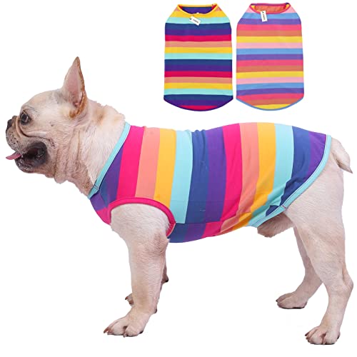 Dog Shirts Cotton Striped T-Shirts, Breathable Basic Vest for Puppy and Cat, Super Soft Stretchable Doggy Tee Tank Top Sleeveless, Fashion & Cute Color for Boys and Girls (M, Rainbow) - color: Rainbow, size: M