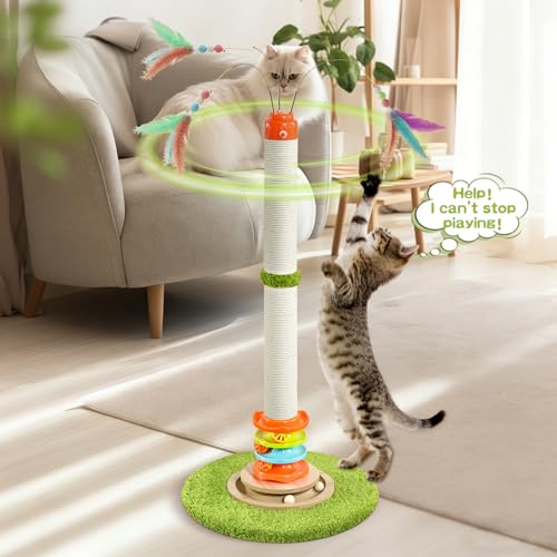 YARUOMY Cat Scratching Post，40'' Tall Cat Scratcher Tree Cat Toys for Indoor Cats with Cat Toys 4-Tier Roller Track，Automatically Rotating cat Teaser Wand，Hanging Balls for Kittens Adults Cats