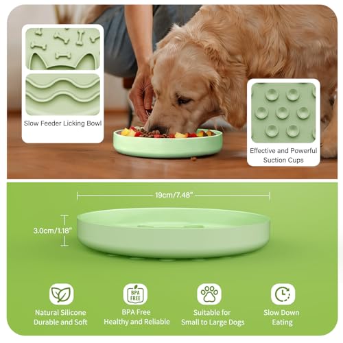 Slow Feeder Dog Bowl for Small Medium Dogs & Cats, 7.5 Inch Non Slip Slow Bowl with 37 Suction Cups, Anti-Choking Food Grade Silicone Slow Eating Bowl - color: Grey Green