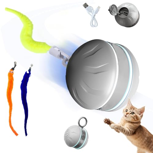 Speedy 2.0 Tail Interactive Cat Toys for Bored Indoor Adult Cats with 3 Tails,Automatic Cat Toy Ball Self Moving Chirping,Smart Kitten Rechargeable Cat Balls for Enrichment Exercise Essentials (Grey) - color: Grey