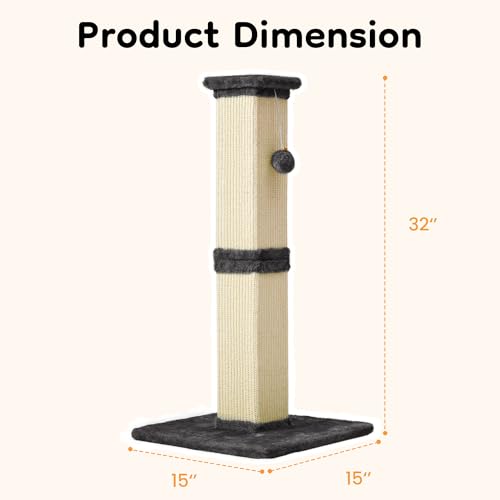 32" Tall Cat Scratching Post, Cat Scratcher with Heavy Duty Thick Wood Base, Cat Tower with Natural Sisal Rope and Hanging Ball, Plant-Like Design Scratching Post, for Small and Adult Kittens, Grey - color: Dark Grey