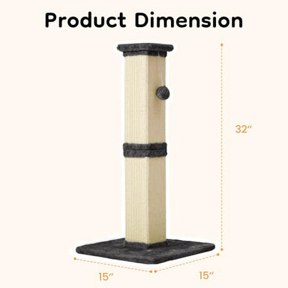 32" Tall Cat Scratching Post, Cat Scratcher with Heavy Duty Thick Wood Base, Cat Tower with Natural Sisal Rope and Hanging Ball, Plant-Like Design Scratching Post, for Small and Adult Kittens, Grey - color: Dark Grey