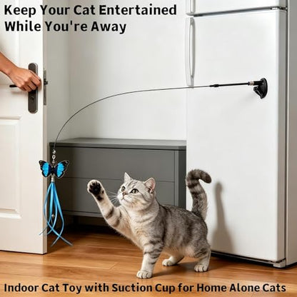 Suction Cup Cat Toy for Indoor Cats, 4 Play Modes Hands Free Interactive Cat Teaser Wand with 12 Replaceable Bell Attachments, Self Play Kitten Toys for Boredom Relief and Exercise