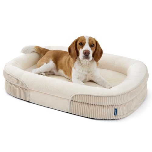 Bedsure Orthopedic Dog Beds Large Sized Dog - 360° Oval Bolster Large Dogs Bed for Senior Dogs with Waterproof Washable Cover, Big Comfort Pet Sofa Couch with Ultra-Soft Fleece, Beige, 35" - color: Beige, size: 35"lx25"wx7"th