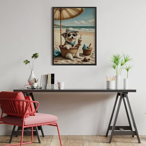 Havanese Dog at The Beach 1000-Piece Wooden Jigsaw Puzzle, Playful Dog Illustration, Family Entertainment, Cozy Indoor Fun - color: #2