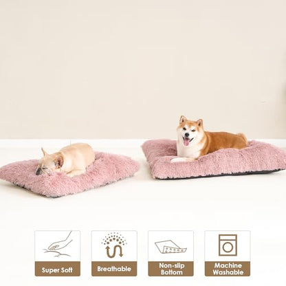 EHEYCIGA Fluffy Dog Bed, Plush Faux Fur Crate Pad, Calming Anti Anxiety Small Dog Bed, Washable Soft Warm Crate Mat with Non-Slip Bottom, Pink - color: Pink, size: 23.6 x 17.5