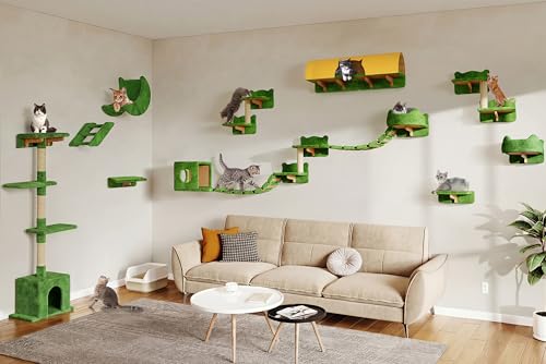 Cat Wall Shelves with Cat Tree, 26-in-1 Wall Mounted Pet Furniture with 40''L Tunnel, Scratching Posts, House, Step and Floating Bridge, Cat Climbing Wall Systems with 63'' Cats Tower, Green - color: Green, size: 26-in-1