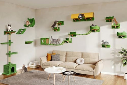 Cat Wall Shelves with Cat Tree, 26-in-1 Wall Mounted Pet Furniture with 40''L Tunnel, Scratching Posts, House, Step and Floating Bridge, Cat Climbing Wall Systems with 63'' Cats Tower, Green - color: Green, size: 26-in-1