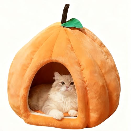 Cat Bed for Indoor Cats - Adorable Cozy Pumpkin Cat Cave with Removable Cushion, Super Soft Pet House Tent for Kittens & Small Pets, Warm & Washable Non-Slip Design(S 15 inch Orange) - style: Pumpkin-Orange