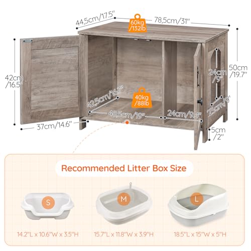 HOOBRO Litter Box Enclosure, Cat Litter Box Furniture with Removable Divider, Large Hidden Litter Box Furniture, Wooden Cat House, End Side Table, 31" L x 17.5" W x 19.7" H, Greige BG03MW01G2 - color: Greige