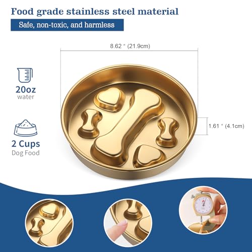 Golden Stainless Steel Slow Feeder Dog Bowls – Non-Slip Metal Dog Bowl for Large & Medium Breeds, Puppy Puzzle Feeder – 2 Cup Capacity for Small to Big Pets – Durable Slow Feed Dog & Cat Food Dish - color: Bone&Heart-Golden