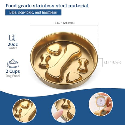 Golden Stainless Steel Slow Feeder Dog Bowls – Non-Slip Metal Dog Bowl for Large & Medium Breeds, Puppy Puzzle Feeder – 2 Cup Capacity for Small to Big Pets – Durable Slow Feed Dog & Cat Food Dish - color: Bone&Heart-Golden
