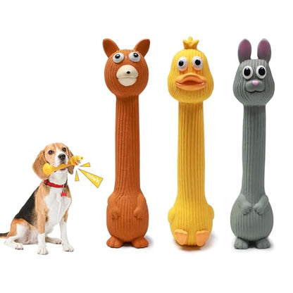 Latex Squeaky Dog Toys, 3 Pack Soft Rubber Dog Chew Toys, 8.7" Standing Stick Animal Pet Toy to Keep Them Busy, Interactive Fetch Squeak Toy for Puppy Small Medium Dogs - color: Yellow & Grey & Brown