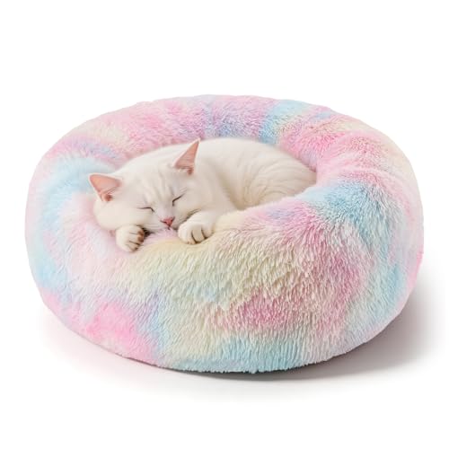 Dog Calming Beds for Small Medium Large Dogs - Round Donut Washable Puppy Dog Bed, Anti-Slip Faux Fur Fluffy Donut Cuddle Anxiety Cat Pet Bed(20'' Color) - color: Colorful, size: 20"L x 20"W x 8"Th