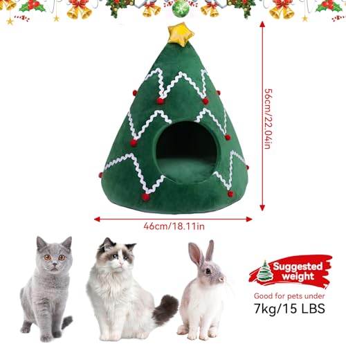 NIBESSER Cat Bed Christmas Tree Cat Tent House Self-Warming 2 in 1 Removable Comfortable Triangle Pet Teepee Xmas Dog Cave in Winter(Green/White)
