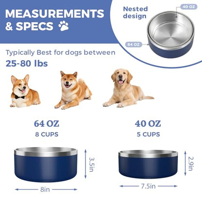 2 Pack Stainless Steel Dog Bowls, Outdoor Dog Water Bowl with Non Slip Rubber Bottom, Dishwasher Safe, Easy to Clean,40oz&64oz Blue - color: BLUE