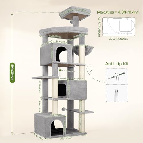 Globlazer 80in Extra Large Cat Tree Tower for Large Adult Cats, Heavy Duty Cat Condo Stand with Oversized Fan-Shaped Perch & 6 Sisal Scratching Posts, S80, Light Grey - color: Light Grey