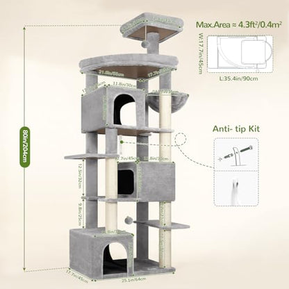 Globlazer 80in Extra Large Cat Tree Tower for Large Adult Cats, Heavy Duty Cat Condo Stand with Oversized Fan-Shaped Perch & 6 Sisal Scratching Posts, S80, Light Grey - color: Light Grey