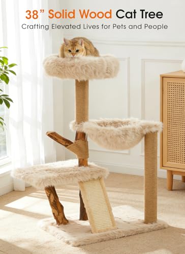 Letkind 38" Modern Cat Tree Tower for Large Indoor Cats, Perches-Natural Solid Wood Cat Tower with Sisal Scratching Post, Perches, Basket & Scratching Post, Aesthetic Boho Cat Furniture - size: 38" Wood Cat tree