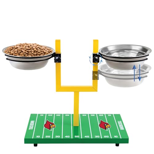 NCAA Louisville Cardinals Goalpost Football Field Dog Feeder – Adjustable Elevated Dog Bowls with Stand, 2 Stainless Steel Bowls, Non-Slip Rubber Feet, Raised Pet Feeder for Large & Small Dogs - color: Louisville Cardinals