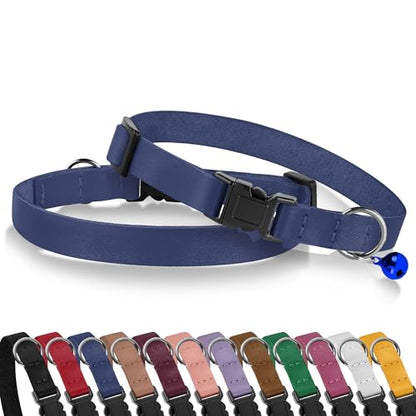 Breakaway Cat Collar with Bell - Leather Adjustable Kitten Collars with Safety Quick Release Buckle - Soft Small Pet Collars for Girl & Boy Cats (Deep Blue) - color: Deep Blue