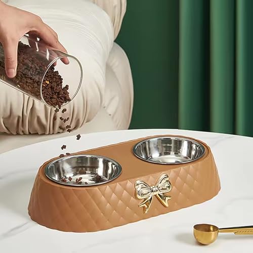 Functional Double Dog Cats Bowls, Removable Dog Bowl Set, Cute Stainless Steel Bowl with Non-Spill Plastic Mat for Rabbit Puppy Cats Small Medium Dogs Water ＆ Food (Coffee) - color: Coffee