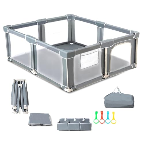 CAPAKIDS Foldable Baby Playpen 59"×71" with Mat, Out-of-The-Box Ready Playpen for Babies and Toddlers, Portable Play Yard with Breathable Mesh & Gates, Storage Bag & 4 Handlers for Indoor & Outdoor - size: 59"x71" with Mat